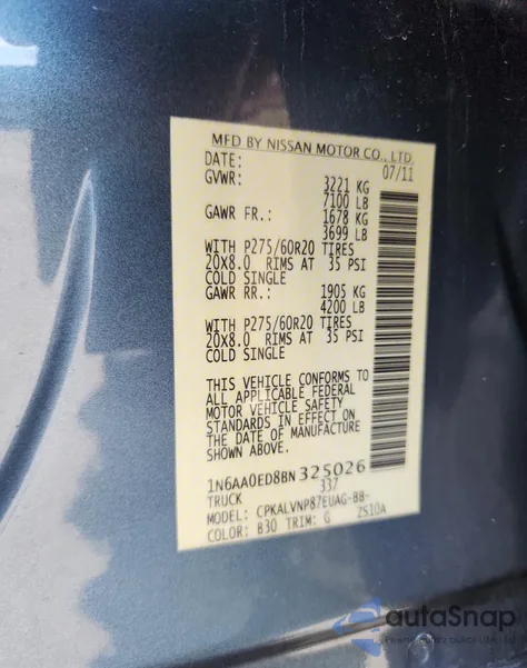 2011 Nissan Titan S from USA, damaged, VIN 1N6AA0ED8BN325026